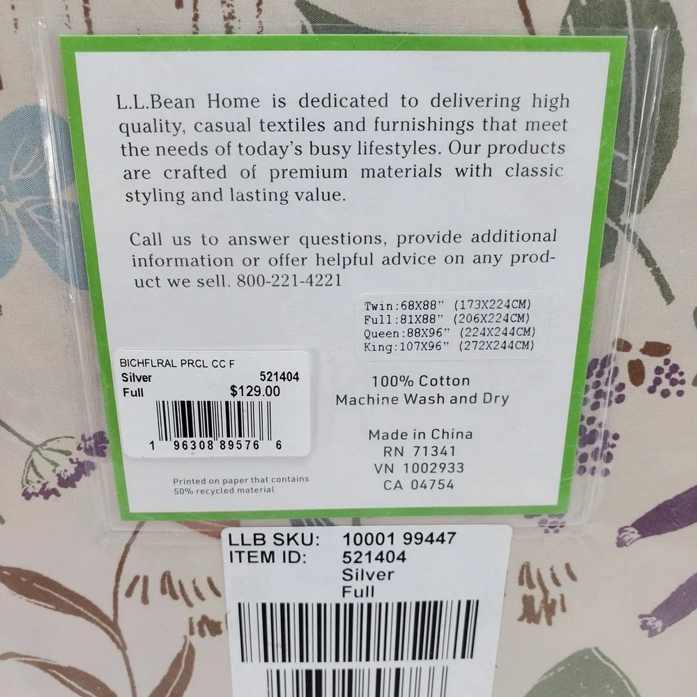 L.L. Bean Percale Bedding Comforter Cover Full Silver Birch Floral Cotton NEW